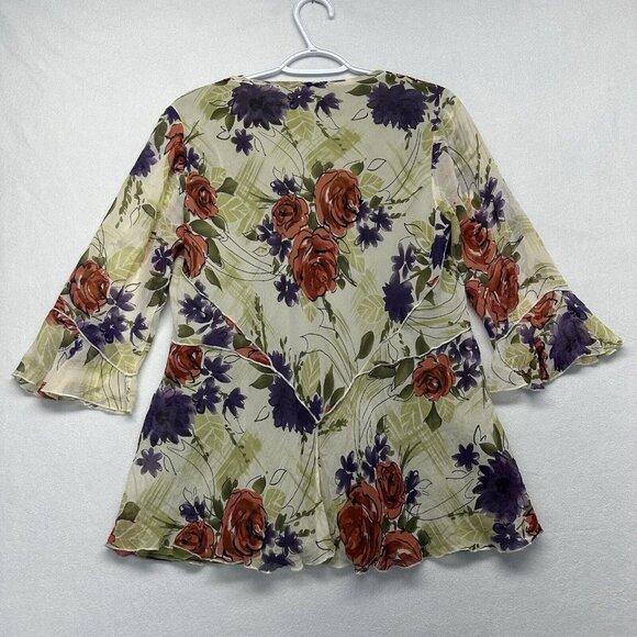 Nine West Silk Y2K Floral V-Neck Flowy Blouse Top Size 10 Green Cream Fairycore - Picture 2 of 13